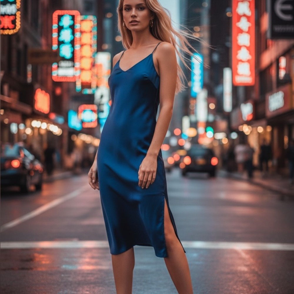 Sophisticated Midnight Blue Satin Slip Dress (Size: S or XL)